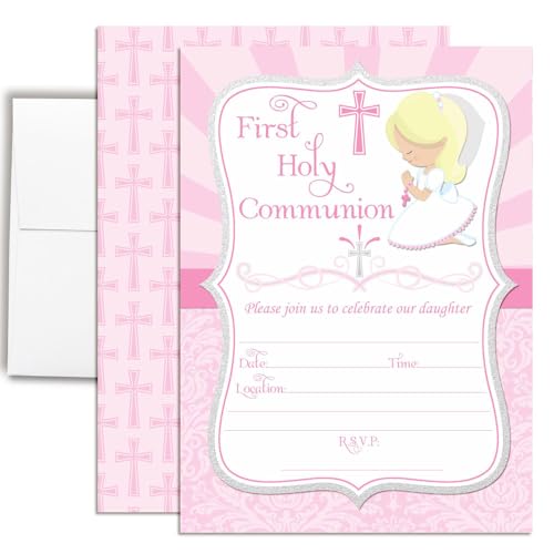 First Holy Communion Religious Party Invitations for Girls (Light Skin, Blond Hair), 20 5x7 Fill In Cards with Twenty White Envelopes by AmandaCreation - style: Light Skin, Blond Hair Girl