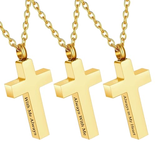 3 Pack Cremation Cross Urn Necklaces for Ashes for Men Cross Urns Pendant Ashes Holder Memorial Jewelry Ashes Keepsake for Human - color: Gold