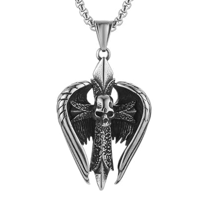 HZMAN Angel Wing Necklace for Men Women Stainless Steel Gothic Punk Angel Wing Cross/Angel Pendant Faith Amulet Jewelry Gift - color: Skull Cross