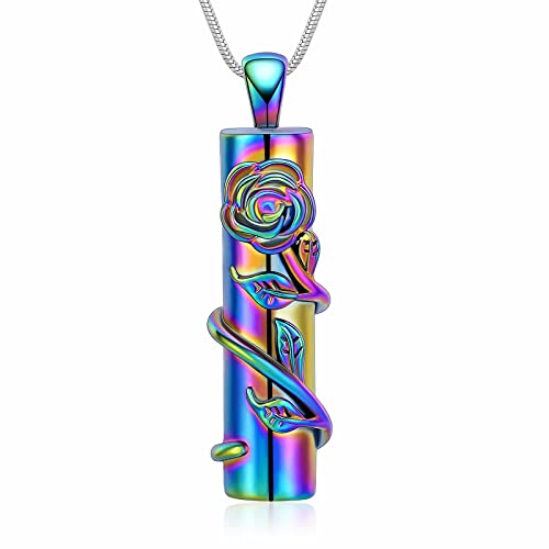 Rose Flower Urn Necklace Cylinder Bar Urn Necklace for Ashes Pendant Necklace Keepsake for Ashes Memory Keepsake Cremation Jewelry for Women Memorial - color: Rainbow