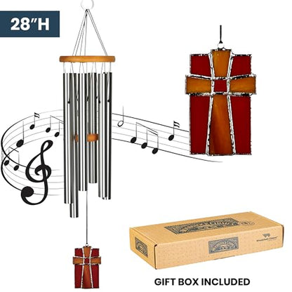 Woodstock Wind Chimes for Outside, Outdoor Decor, Garden, Patio and Front Porch Decor, (28") Memorial Sympathy Wind Chimes Amazing Grace Wind Chime Stained Glass Cross Christmas Gifts (AGS)