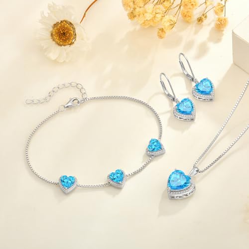 925 Sterling Silver Halo Heart Necklace for Women | Lwsary Love Heart Necklace, Heart Cut Birthstone Jewelry for Her - color: Blue