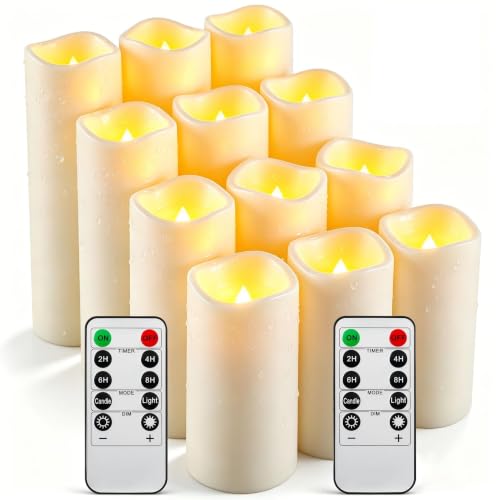 12 Pack Waterproof Ivory Flameless Taper Candles, Realistic Flickering Internal Wick LED Candles, Heat Resistant ABS Battery Candles with 2 Remotes, Assorted 5/6/7/8 Inch for Indoor Outdoor Decor - color: watertight#12*1, size: 12-Pack
