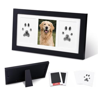 Pet Memorial Wooden Photo Frame, No-Mess Paw Print Ink Pad Kit for Dog and Cat, Pet Loss Sympathy Keepsake, Cherish Memory of Furry Family Member（ Black） - color: Black