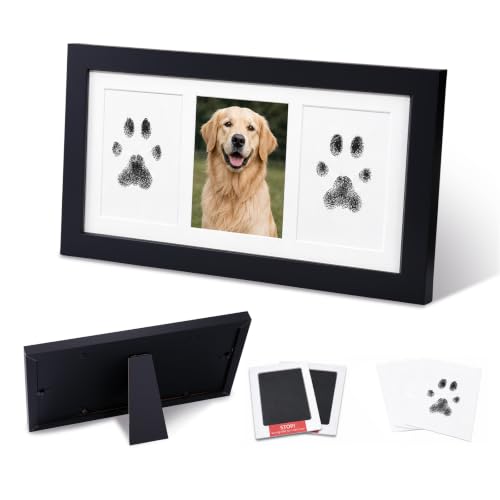 Pet Memorial Wooden Photo Frame, No-Mess Paw Print Ink Pad Kit for Dog and Cat, Pet Loss Sympathy Keepsake, Cherish Memory of Furry Family Member（ Black） - color: Black