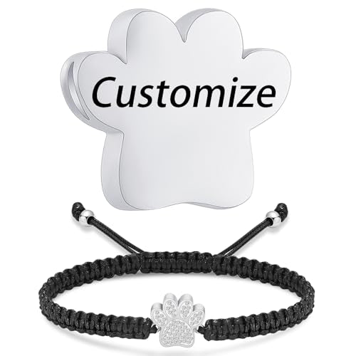 Oinsi Pet Cremation Jewelry for Ashes Dog Cat Paw Urn Bracelet for Women Men Bangle Keepsake Memorial Urn Pendant Adjustable Rope Bracelet-Customized - color: A-Customized
