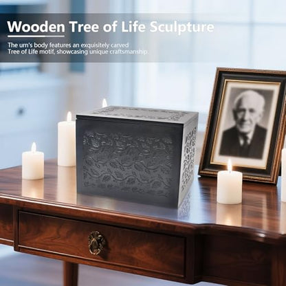 Cremation Urn Adult Human Ashes, Wooden Tree of Life, Black | Holds up to 250 lbs, Urns Box and Casket for Men Women, Dimensions: 9.45"(L) x 5.9"(W) x 7.1"(H) - color: Bk