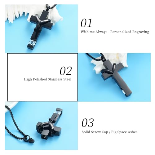 Oinsi Black Cross Urn Necklace For Ashes Of Loved Ones With Birthstone Always In My Heart Cremation Jewelry Keepsake Pendant Women Men - color: Light Blue Stone