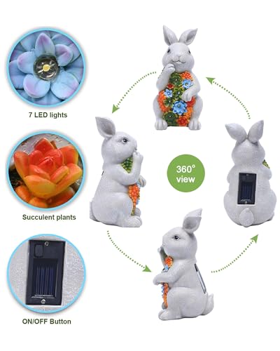 Nacome Solar Garden Outdoor Statues Bunny with Succulent - color: Light Grey Bunny
