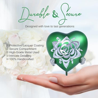 Rose Heart Keepsake Urn for Human Ashes Floral Mini Memorial Urn with Stand & Velvet Gift Box (Green) - color: Green