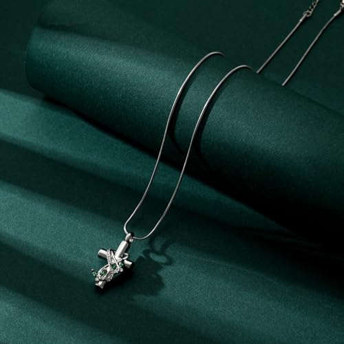 Butterfly Cross Cremation Jewelry Urn Necklaces Stainless Steel Cross Urn Necklaces for Ashes Memorial Keepsake Pendant for Women Gifts With Funnel Kit & Bag - color: Silver+Green