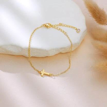 Moodear Cross Bracelet for Women, Dainty Sterling Silver/Gold Plated Gift | Christian Religious Gifts for Teen, Stocking Stuffers, Adjustable Link Bracelets, Sparkling CZ Cross, Non Tarnish Jewelry - color: Gold Cross Bracelet