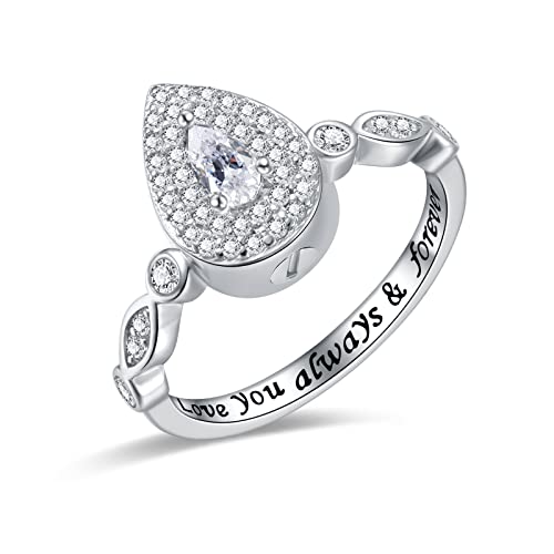 Sariel Teardrop Cremation Ring for Ashes - 925 Sterling Silver Urn Keepake Rings Memorial Jewelry for Women - color: White