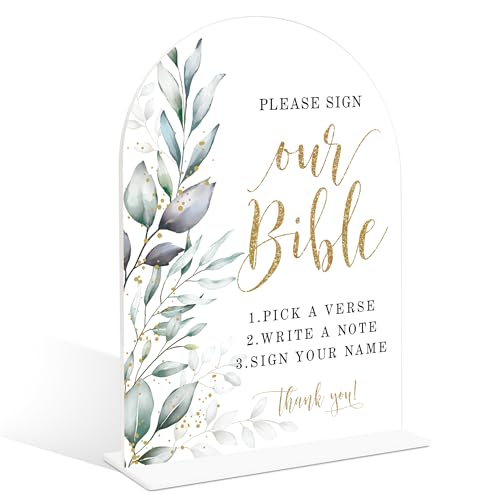 Acrylic Wedding Signs, Greenery Theme Please Sign Our Bible, Wedding Reception Signage, Bridal Shower Table Decor with Stand, Engagement, Anniversary, Newlywed Events and Parties Supplies, 11 - color: Please Sign Our Bible Sign, 11