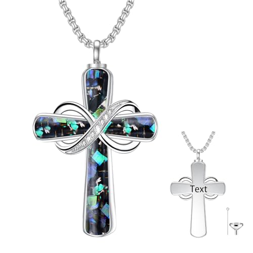 Turquoise Cross Urn Necklaces for Human Ashes 925 Sterling Silver Urn Necklaces Cremation Keepsake Memorial Pendant Necklace for Ashes for Loved One Human Pet - style: Infinity-Abalone Shell-Text