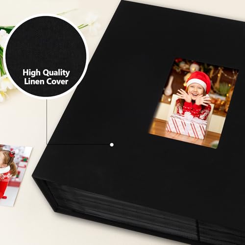 Aevdor Large Capacity 4x6 Photo Album, 1000 Photos, Linen Cover, Black | Black Inner Pages, 3 Horizontal and 2 Vertical Pockets per Side, Front Photo Window, Family, Wedding & Travel Memories - color: Black
