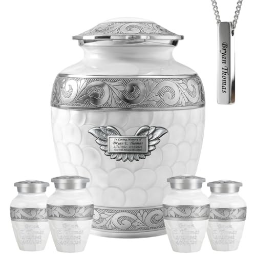 AmericUrn Custom Plaque White Patch Urns for Human Ashes Adult - Burial Urn Set of 7 with 1 Large urn, 4 Keepsake & Memorial Necklaces - color: White Patch Plaque Set