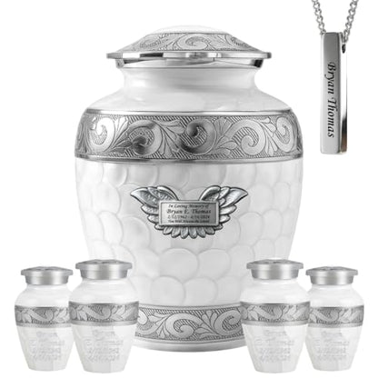 AmericUrn Custom Plaque White Patch Urns for Human Ashes Adult - Burial Urn Set of 7 with 1 Large urn, 4 Keepsake & Memorial Necklaces - color: White Patch Plaque Set