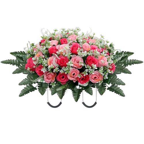 Headstone Flower Saddle,Large Artificial Cemetery Flowers for Grave,Cemetery Memorial Flowers for Outdoor Tombstone Decorations (Pink) - color: Pink