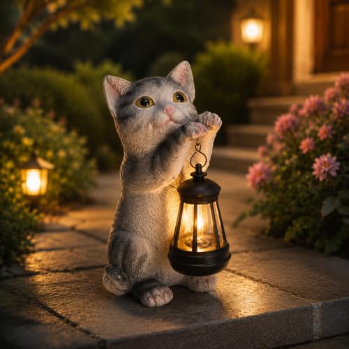 Cat Solar Lights Outdoor Garden, Cat Statue with Lantern for Cat Lover Gift | Cat Solar Lantern Garden Statue, Cat Fugurines Yard Art Lawn Ornaments Porch Patio Home Decor Gardening Gifts for Grandma Mom - color: British Shorthair