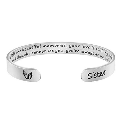 Memorial Gifts for Loss of Mom Dad In Memory of Jewelry Sympathy Bracelet | Bereavement Cuff Secret Message Engraved Grief Gifts for Women - style: Sister Memorial Gift- You left me beautiful memories