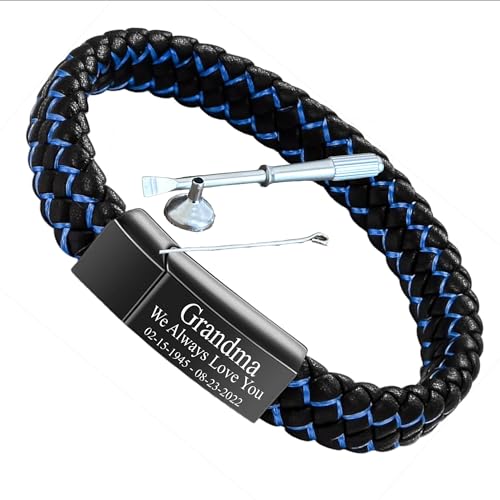 Personalized Cremation Jewelry Urn Bracelet for Ashes - Women Men Memorial Braided Blue & Black Leather Cuff Bangle with Engraving