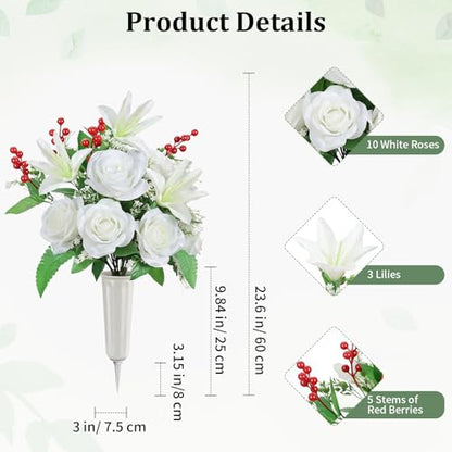 Lewondr Artificial Cemetery Flowers with Vase for Grave, White Lily, 2 Pack - color: Pure White
