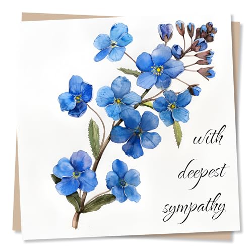 Condolence Greeting Card – With Deepest Sympathy Forget-Me-Not Floral Design – Blank Inside (135 x 135 mm) – Made in UK – With Envelope