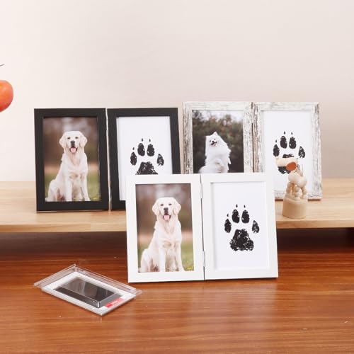 Pet Memorial Double Picture Frame with Paw Print Kit, Natural Wood, Includes Black Ink Pad and Print Papers (White)