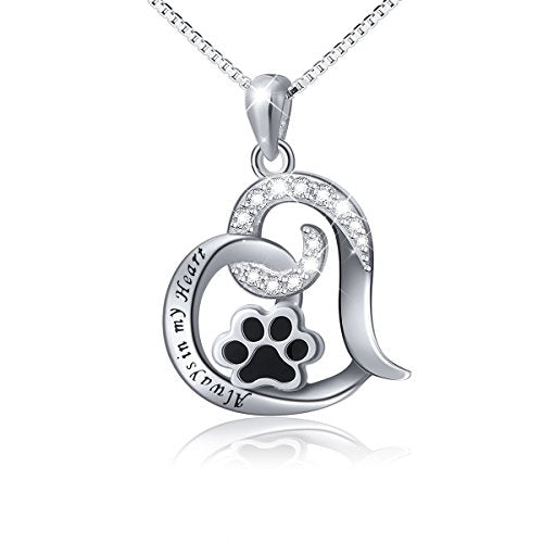 FLYOW 925 Sterling Silver Cute Paw Print Forever Love Heart Pendant Necklace/Bracelet/Stud Earrings Gift for Women, Box Chain 18" - style: Engraved Always in my heart