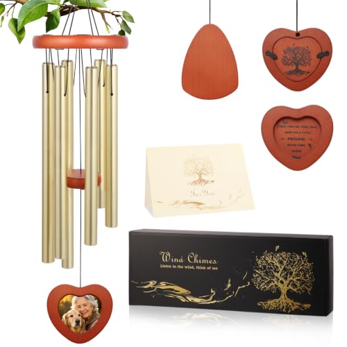 Memorial Wind Chime for Loss of Loved One, Sympathy Gift with Photo Frame for Mother Father Pet, 33" Deep Tone Healing Bereavement & Remembrance Gift (Gold) - color: Gold