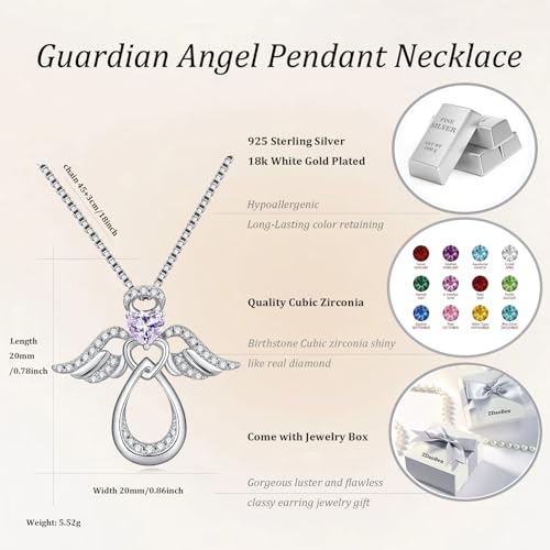 925 Sterling Silver Guardian Angel Pendant Necklace for Women with Birthstone Cubic Zirconia Little Angel Pendant Necklace Jewelry 18 inch Chain - color: 06-June-Alexandrite