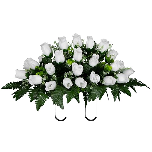 Sympathy Silks 30" Headstone Flower Saddle Artificial Cemetery Flowers - Gravesite Flowers - White Roses - color: White Roses, size: Saddle