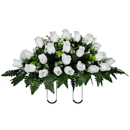 Sympathy Silks 30" Headstone Flower Saddle Artificial Cemetery Flowers - Gravesite Flowers - White Roses - color: White Roses, size: Saddle