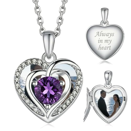 Locket Heart Necklace that Holds Pictures Photo Lockets Birthstone Pendant Anniversary Memorial Jewelry Gifts for Women - color: 02-February-Silver-Heart Locket