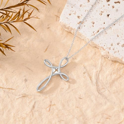 PROESS Cross Necklace for Women Men Sterling Silver Rose/Sunflower Cross Pendant Religious Jewelry Christmas Birthday Mothers' Day Gifts - color: 12-Zircon Cross