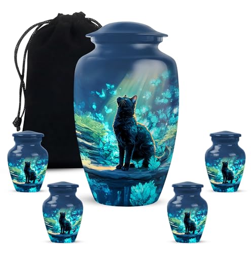 Yatskia Cat with Blue Butterflies at Spring Mini Cremation Urns for Human Ashes Adult Men and Women, Large Cremation Urn for Ashes Adult Dad, (Classic 10 Inch and 3 Inch) - color: #4 Cat, size: 10 Inch and 3 Inch (Pack of 5)