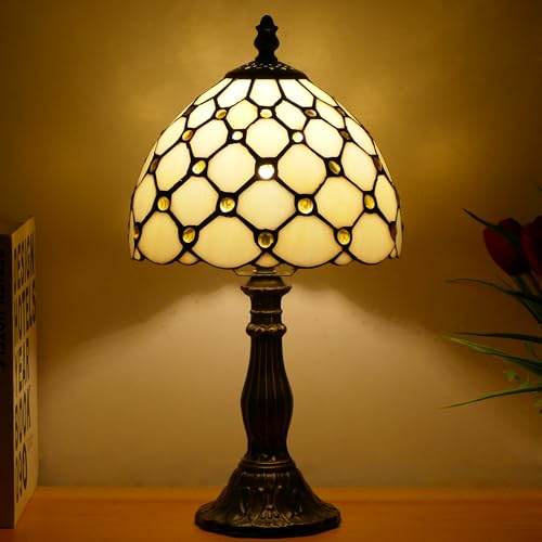 Small Tiffany Table Lamp Cream Amber Pearl Style W8H14.5 Inch | Mini Stained Glass Shade Lamp Resin Base Bedside Accent Lamp Memory Sympathy Desk Light - color: Cream Amber