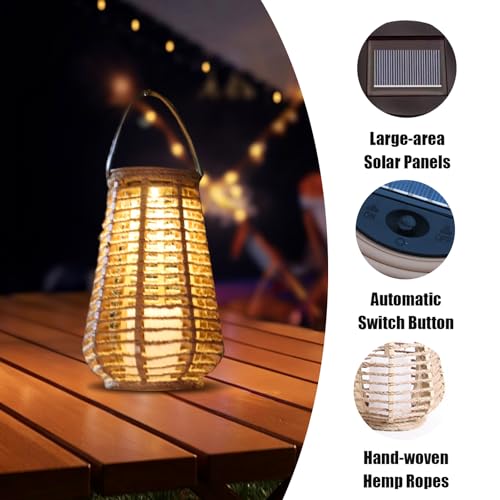 Hanging Solar Lanterns Outdoor Waterproof, Hand-Woven Hemp Rope,10x5.5 Inch