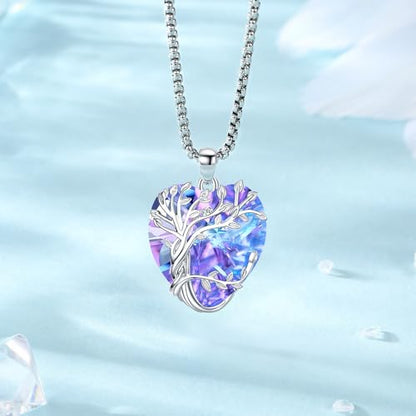 Eusense Tree of Life Necklace for Women Men Sterling Silver 925 Tree Urn Locket Cremation Jewelry Family Tree Pendant Gifts for Her Him Mom Dad Grandma Daughter - style: E-G-Tree of Life Necklace 02-Amethyst