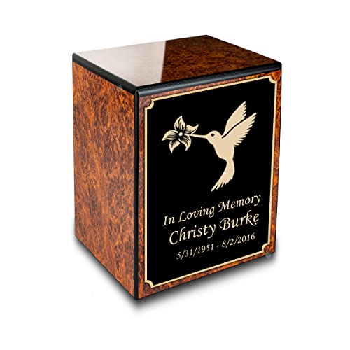 GetUrns Custom Hummingbird Small Urn Box for Human Ashes I Personalized Wooden Keepsake Cremation Urn for Male or Female I Burl Wood Memorial Box I 40lbs - color: Humming Bird