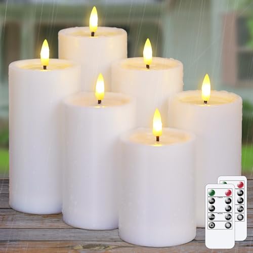Yeelida Outdoor 6pcs Flameless Waterproof Candles with Handy Remote Control, Cycle Timer Battery Operated Candle Grease Effect LED Flickering Pillar Plastic Long Lasting (White, 3" x4" 5" 5" 6" 6" 7") - color: White, size: 4" 5" 5" 6" 6" 7"