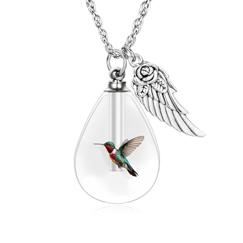 Teardrop Urn Necklace for Ashes, Resin Memorial Pendant with Keepsake | Teardrop Shape, Clear Resin Design, Nature Inspired Artwork, Screw Closure, Holds Ashes, Filling Kit & Box Included - color: Hummingbird