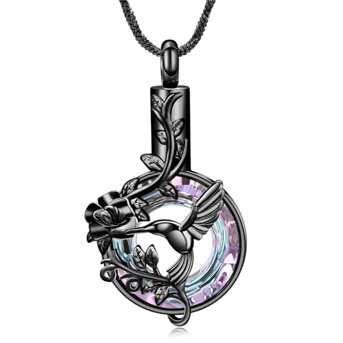 Hearbeingt Hummingbird Urn Necklaces for Ashes Cremation Jewelry for Women | Stainless steel,urn pendant, memorial necklace,ash holder for human pets,keepsake jewelry,bereavement gift,with filling tool - color: H-Black