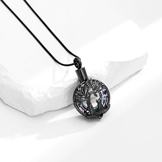 Hearbeingt Tree of Life Cremation Jewelry Paw Print Urn Necklace for Ashes - color: A-Black