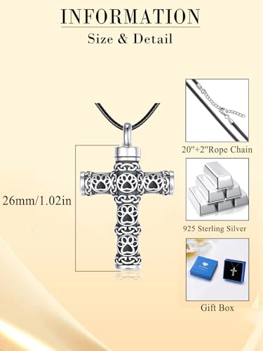 Dreamboat Pet Cremation Urn Necklaces for Dog Cat Ashes 925 Sterling Silver Paw Print Keepsake Pendant Memorial Jewelry Gifts for Women Men - style: 01E-Corss Vial
