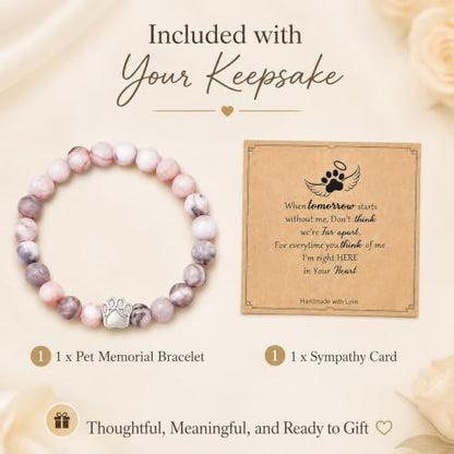 Pink Gray Stone Bead Pet Memorial Bracelet | Paw Print Charm | Dog Cat Loss Rainbow Bridge In Loving Memory Sympathy Gift | Keepsake Jewelry for Dog Mom Cat Mom with Sympathy Card
