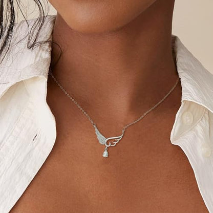 Bow Heart Pendent Pendant Necklace for Women White Crystal Necklace Dainty Silver Plated Necklace Bow Jewelry with Zirconia, Heart Choker Necklaces for Her Gifts - style: Shuidi wings1