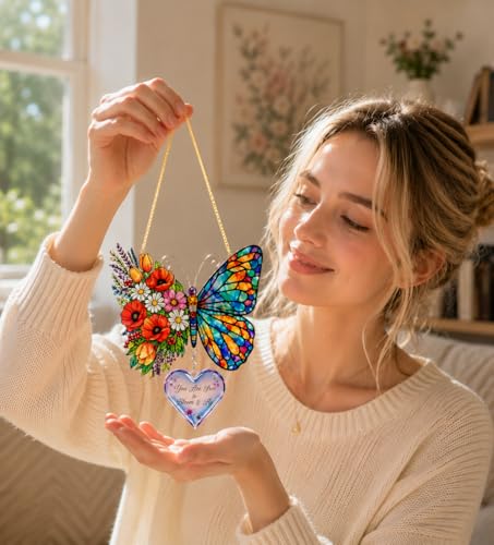 Inspirational Butterfly Gift for Women, Bloom and Fly Suncatcher with Heart Charm, Encouragement Gift for Friend, Mom, Daughter, Sister - color: Butterfly Heart Charm