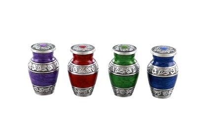 Metallic Small Urns with Engraving Design- Cremation Urn for Men & Women - Set of 4 Mini Urns - Keepsake Urn for Human Ashes- (Design- 4)